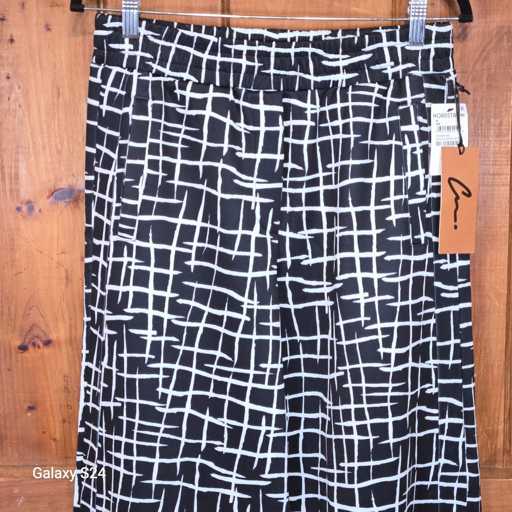 Nordstrom‎ Cristina Martinez Black White Ladder Grid Wide Leg Snap Pants Medium